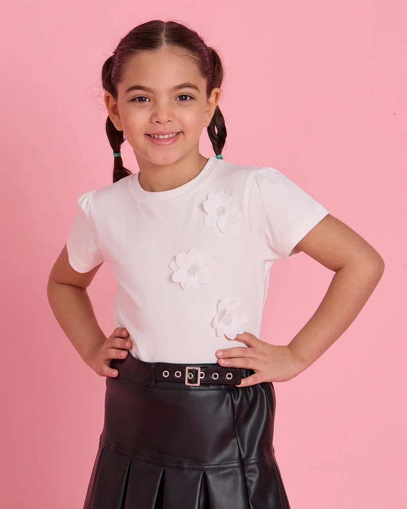 Redtag Girls White 3D Flower Applique T-Shirt
