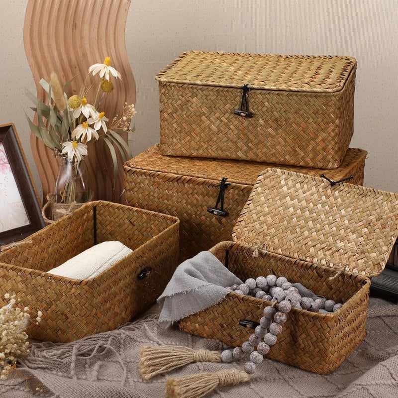 Woanger Set of 4 Seagrass Basket with Lids Woven Rattan Wicker Storage Basket Decorative Storage Boxes Rectangular Baskets for Decoration, Picnic, Groceries and clothes Storage(Orange) - Image 3