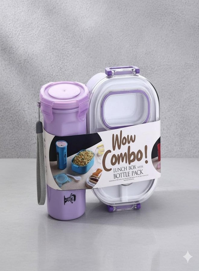 CAPSEA Wow Combo Lunch Box Set, Purple, BPA Free Plastic, 800ML Bottle, Leak-Proof Food Container with Cup for Office School Travel - Image 1