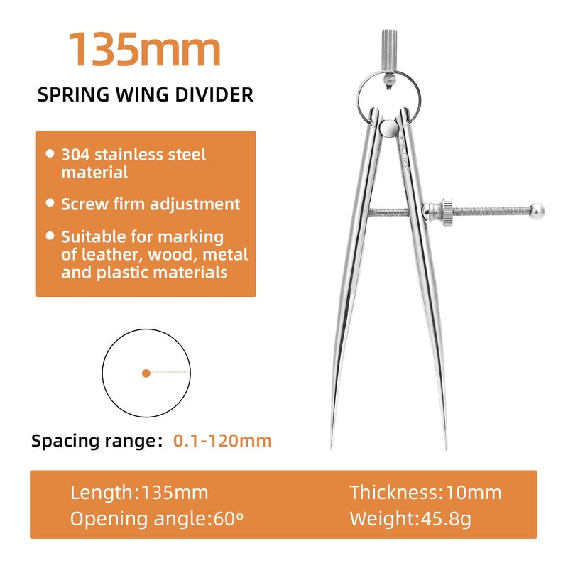 WUTA Spring Wing Divider 304 Stainless Steel Precision Scriber Caliper Tool Metal Dividers Adjustable Spacing Compass High Polished Round Leg for Drawing Circles, Leather Craft, Jewelry (Large - Image 2