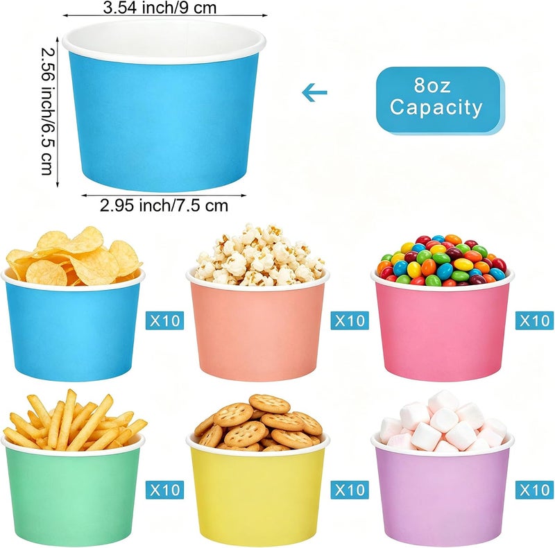 Aodaer 60 Pack Paper Ice Cream Cups 8 oz Paper Snack Ice Cream Bowls Disposable Dessert Bowls for Hot or Cold Food Party Supplies Treat Cups for Sundae, Frozen Yogurt, Soup, 6 Colors - Image 2
