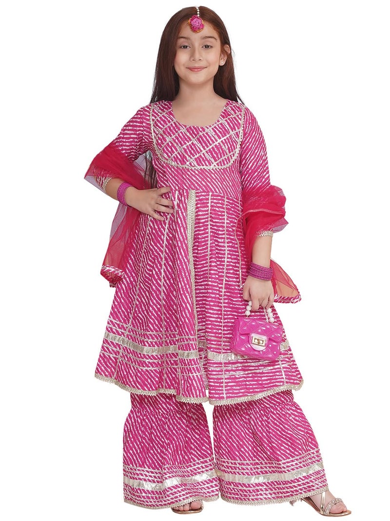 Preneum Girl's Cotton Rayon Bandhani & Lahariya Printed Angrakha Kurta with Sharara & Dupatta, Pink, 9 Years-10 Years - Image 1