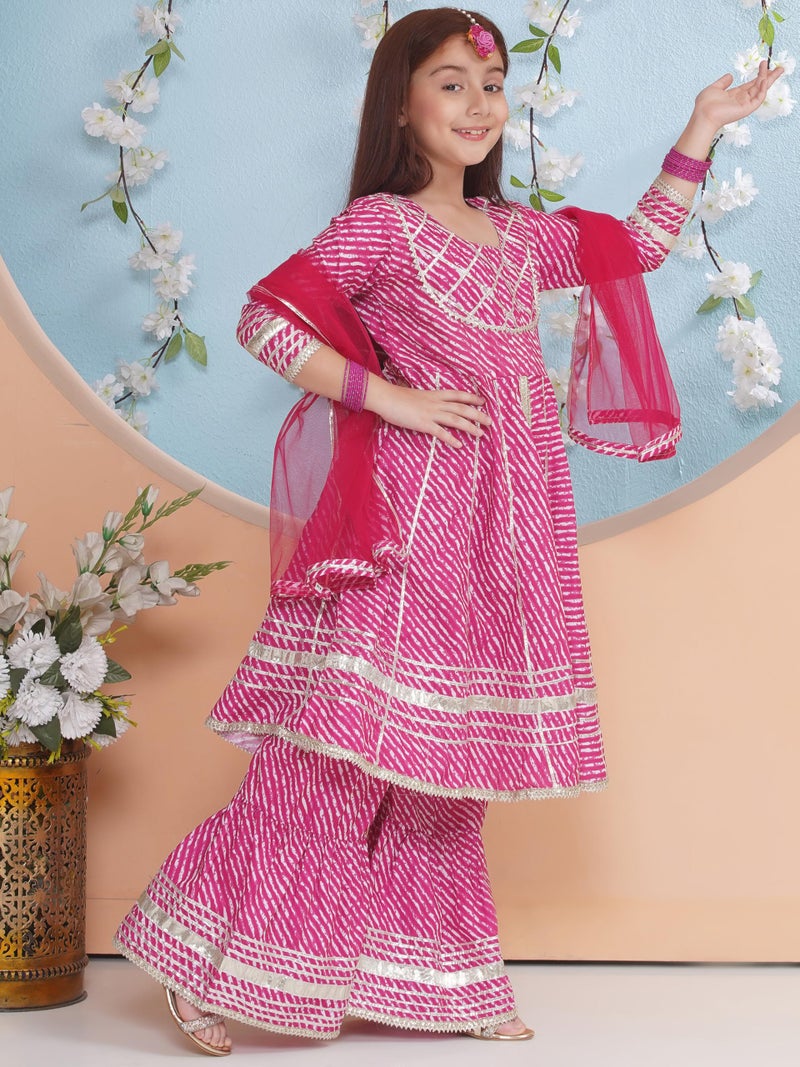 Preneum Girl's Cotton Rayon Bandhani & Lahariya Printed Angrakha Kurta with Sharara & Dupatta, Pink, 9 Years-10 Years - Image 3
