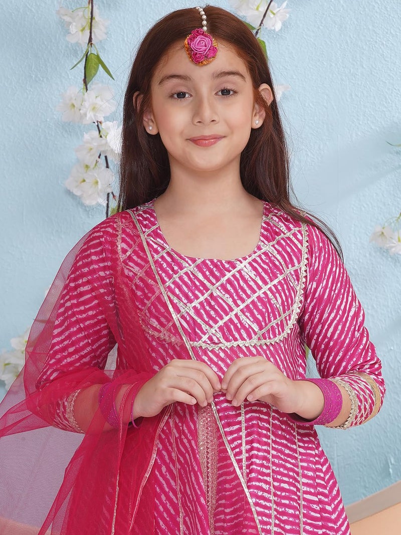 Preneum Girl's Cotton Rayon Bandhani & Lahariya Printed Angrakha Kurta with Sharara & Dupatta, Pink, 9 Years-10 Years - Image 2