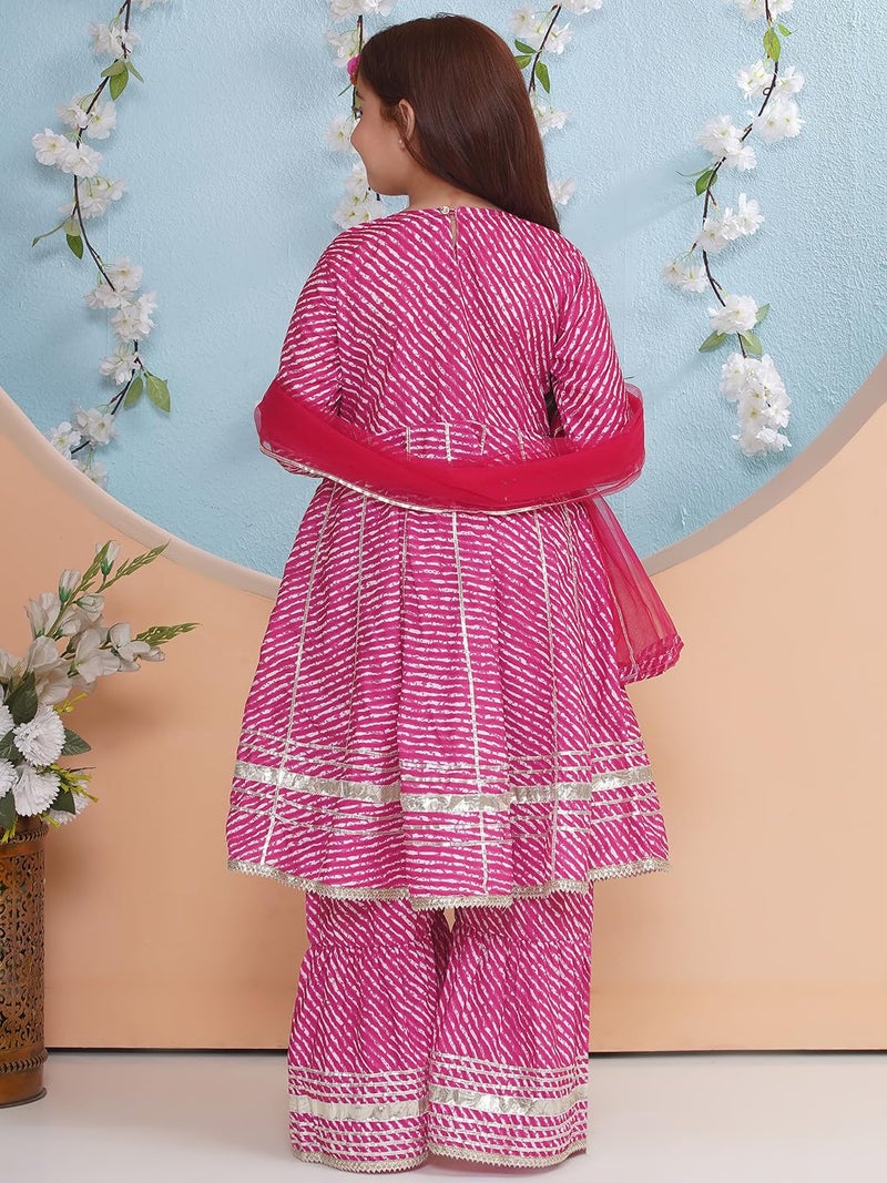 Preneum Girl's Cotton Rayon Bandhani & Lahariya Printed Angrakha Kurta with Sharara & Dupatta, Pink, 9 Years-10 Years - Image 5