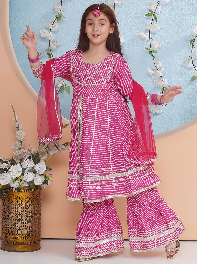 Preneum Girl's Cotton Rayon Bandhani & Lahariya Printed Angrakha Kurta with Sharara & Dupatta, Pink, 9 Years-10 Years - Image 4