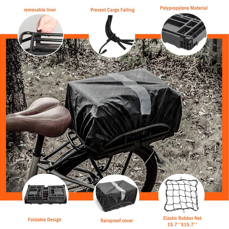 YEEGO DIRECT Bike Basket Rear, Folding Large Capacity Rear Bike Baskets, Collapsible Bicycle Storage Bike Milk Crate Rear Rack,Waterproof Cover for Shopping,Outings,Pets E-Bike Accessories (Black) - Image 3