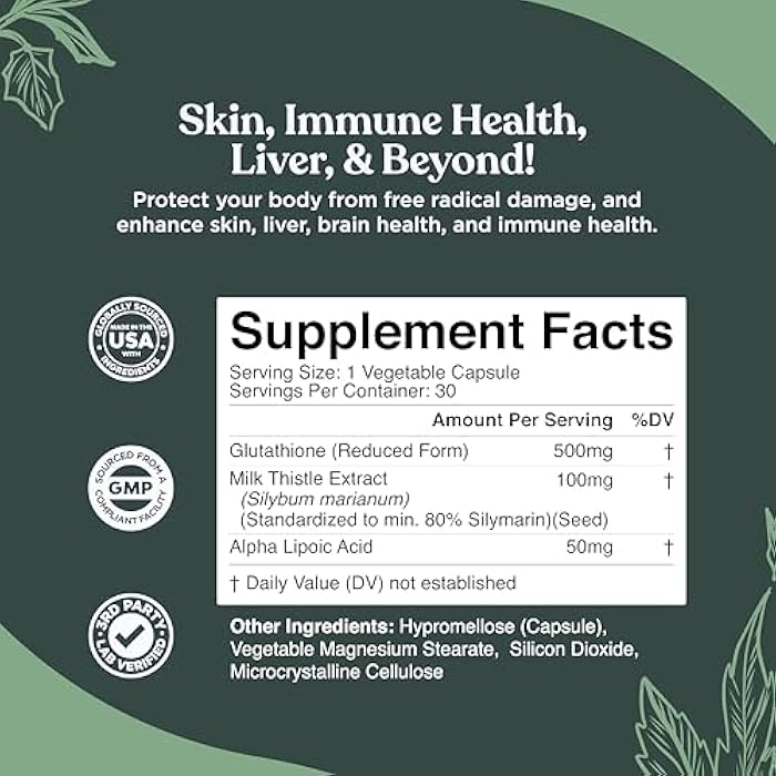 Nature Bound Pure Glutathione Supplement 500 mg GSH - Pure Skin Whitening Pills Natural Antioxidant with Milk Thistle Extract Silymarin Liver Health Alpha Lipoic Acid Amino - 30 Veg Capsules by Nature Bound - Image 3