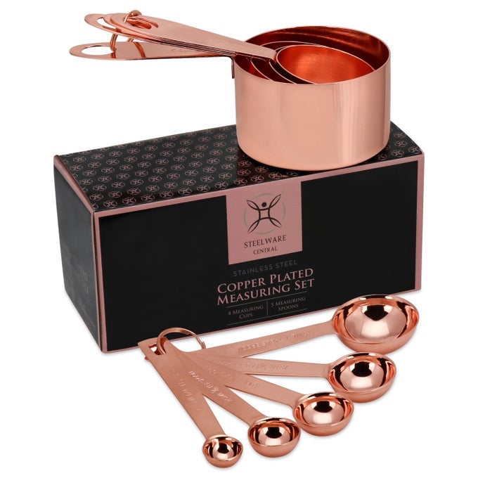 COPPER MEASURING CUPS AND SPOONS STAINLESS STEEL 9 PIECES WITH 2 RINGS