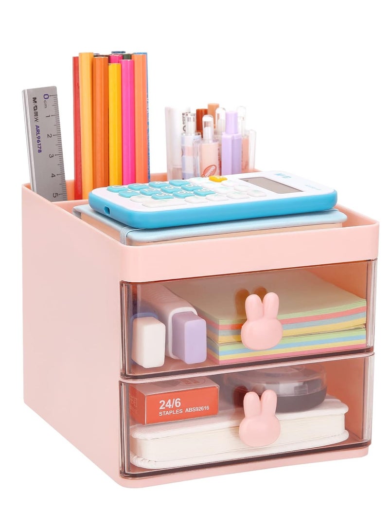 Bukela Small Desk Organizer With Drawer, Office Desktop Storage Box, Business Card/Pen/Pencil/Mobile Phone/Stationery Holder Storage Box, Makeup Organizer for Office School Home (Pink) - Image 1