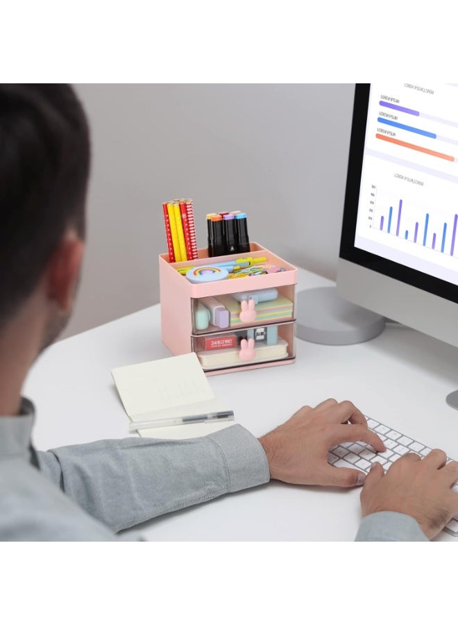 Bukela Small Desk Organizer With Drawer, Office Desktop Storage Box, Business Card/Pen/Pencil/Mobile Phone/Stationery Holder Storage Box, Makeup Organizer for Office School Home (Pink) - Image 3