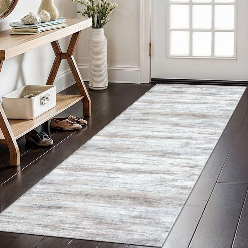 KOZYFLY Modern Abstract Kitchen Runner Rug, 2x6 Washable Rug Runner Non-Slip Soft Striped Hallway Runner Rugs, Beige Print Carpet Runner for Entryway Bathroom Laundry Room Foyer - Image 1