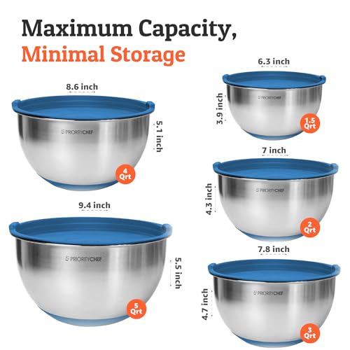 Priority Chef طقم وعاء خلط بريورتي شيف المتميز مع أغطية محكمة، طقم أوعية خلط من الفولاذ المقاوم للصدأ السميك، أوعية معدنية كبيرة للتحضير مع أغطية، أوعية متداخلة للمطبخ، 1.5/2/3/4/5 كوارت، أزرق - Image 3