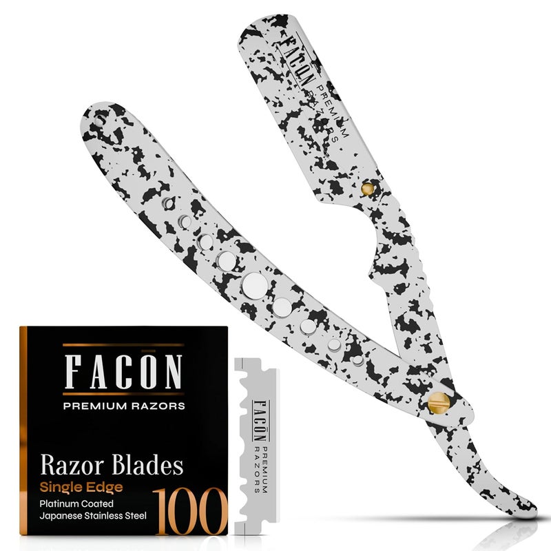 FACON شفرة فاكُون المستقيمة للرجال - مجموعة شفرات حلاقة مستقيمة احترافية مع 100 شفرة، ماكينة حلاقة باربيرو من الفولاذ المقاوم للصدأ الكلاسيكي لحلاقة سلسة ودقيقة، ماكينة حلاقة باربير متميزة لحلاقة الرجال - Image 1