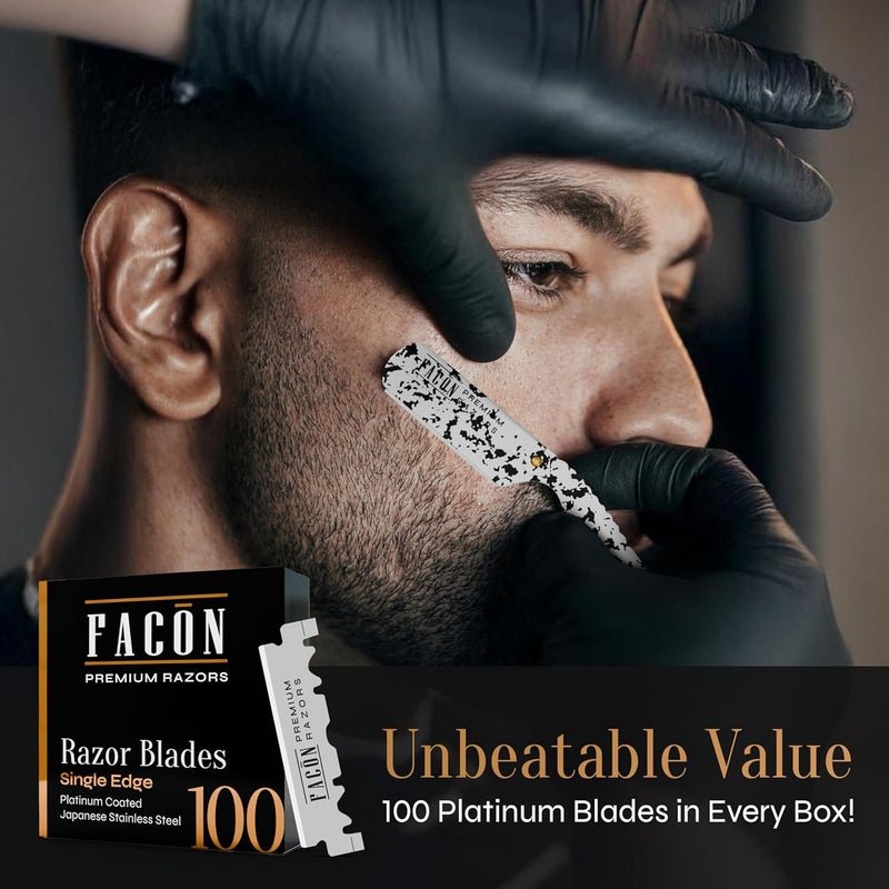 FACON شفرة فاكُون المستقيمة للرجال - مجموعة شفرات حلاقة مستقيمة احترافية مع 100 شفرة، ماكينة حلاقة باربيرو من الفولاذ المقاوم للصدأ الكلاسيكي لحلاقة سلسة ودقيقة، ماكينة حلاقة باربير متميزة لحلاقة الرجال - Image 5