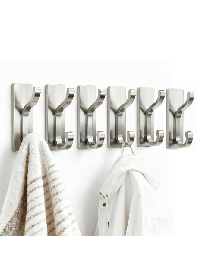 Self Adhesive Hooks Heavy Duty, 6Pcs Stainless Steel Wall Hooks Waterproof, 13lb Strong Stick On Hooks No Drill for Hanging Towels Coats Robes Backpacks, for Bathroom Kitchen Entryway Home (Silver) - Image 1