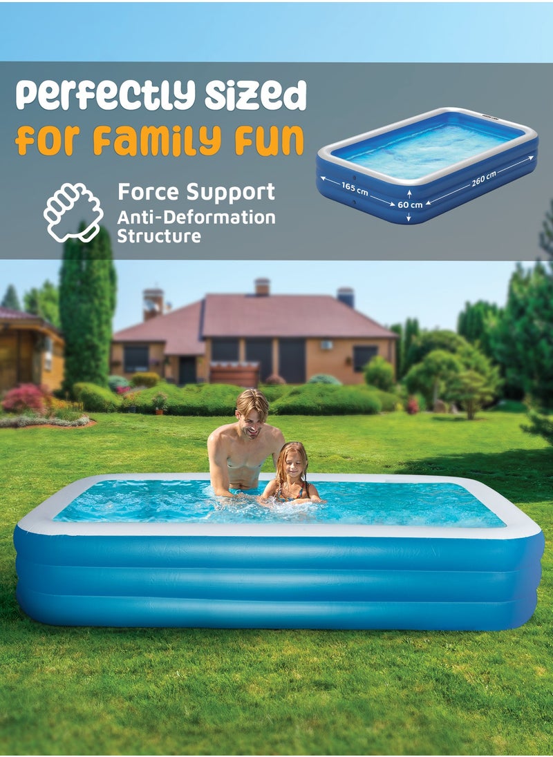 GREEN LION Swimming Pool 260cm x 165cm x 60cm/ Inflatable/ Kiddie Pool Large Size/ Blow Up Swimming Pool for Family Adults Kids Toddler /Blowup Pool for Indoor Outdoor Backyard Ground - Blue  - Image 4