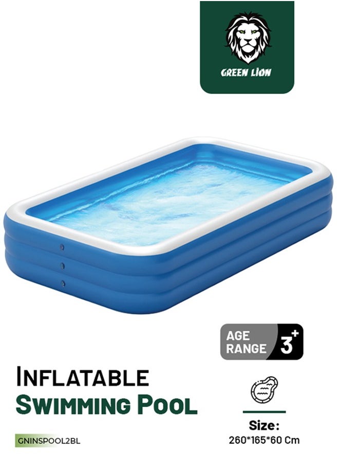 GREEN LION Swimming Pool 260cm x 165cm x 60cm/ Inflatable/ Kiddie Pool Large Size/ Blow Up Swimming Pool for Family Adults Kids Toddler /Blowup Pool for Indoor Outdoor Backyard Ground - Blue  - Image 1