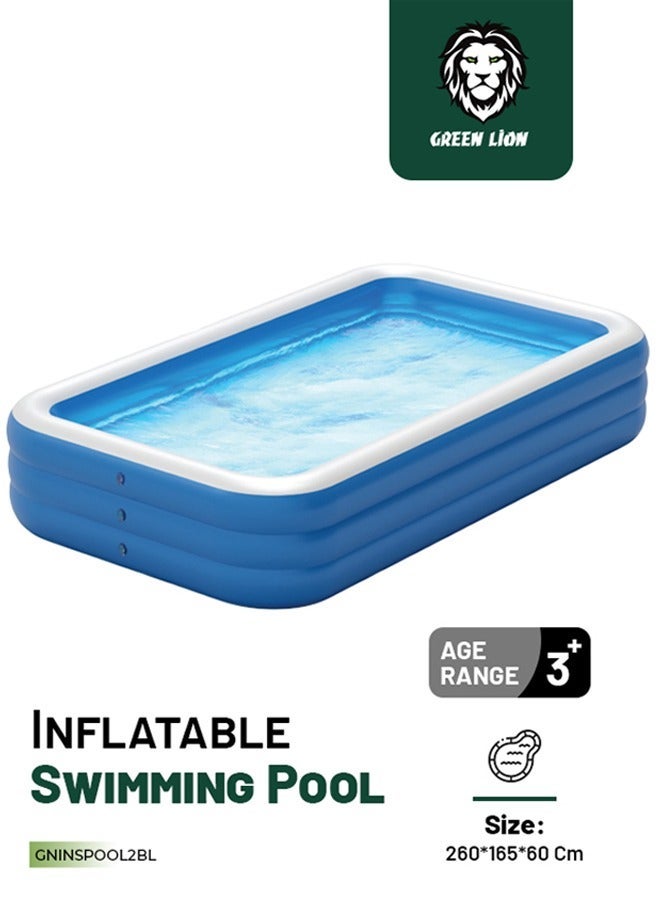 GREEN LION Swimming Pool 260cm x 165cm x 60cm/ Inflatable/ Kiddie Pool Large Size/ Blow Up Swimming Pool for Family Adults Kids Toddler /Blowup Pool for Indoor Outdoor Backyard Ground - Blue - Image 1