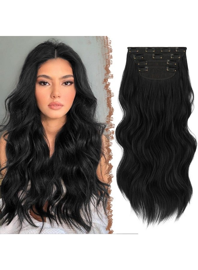 فيشبن وصلات شعر بمشبك 4 قطع، قطعة شعر سميكة سوداء طويلة ومموجة، وصلات شعر برأس كامل من الألياف الاصطناعية للنساء، 20 بوصة 180 جم - Image 1