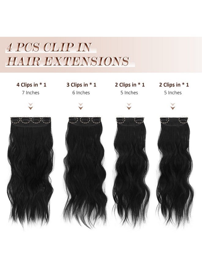 فيشبن وصلات شعر بمشبك 4 قطع، قطعة شعر سميكة سوداء طويلة ومموجة، وصلات شعر برأس كامل من الألياف الاصطناعية للنساء، 20 بوصة 180 جم - Image 2