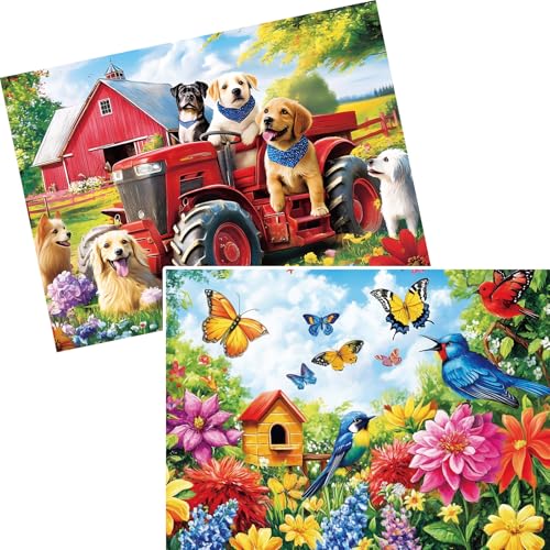 VOLUVOLU 2Pack 300 Pieces Puzzles for Kids Farm Dog Puzzles 300 Pieces Spring Flowers Birds Jigsaw Puzzle for Adults Large Piece Puzzle Puzzle Toys for Boys and Girls Family Activity Game Nights Gifts - Image 1