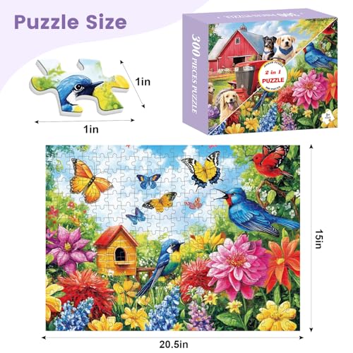 VOLUVOLU 2Pack 300 Pieces Puzzles for Kids Farm Dog Puzzles 300 Pieces Spring Flowers Birds Jigsaw Puzzle for Adults Large Piece Puzzle Puzzle Toys for Boys and Girls Family Activity Game Nights Gifts - Image 5