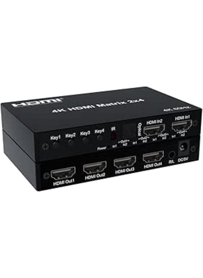 4K@60Hz HDMI Matrix 2x4 Switcher & Splitter - HDMI 2.0 HDR 10 - 2 Inputs 4 Outputs - Supports RGB/YUV 4:4:4, Optical SPDIF & 3.5mm Audio Extractor - Includes IR Remote Control - Image 1