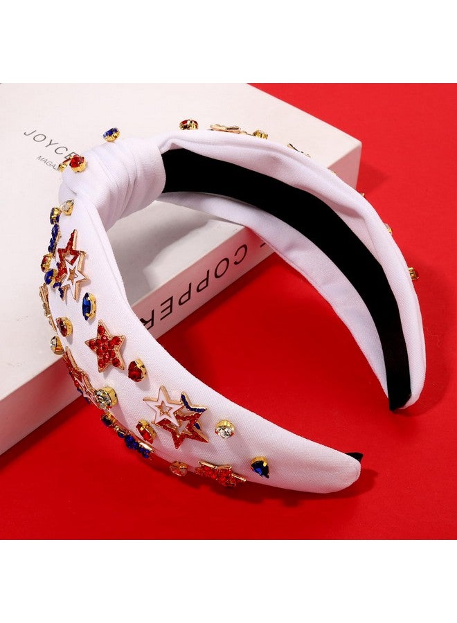 سيالكسهيني عصابة رأس الرابع من يوليو للنساء، عصابة رأس مزينة بعقدة الولايات المتحدة الأمريكية، حبات لؤلؤ من أحجار الراين، إكسسوارات شعر وطنية بعلم الولايات المتحدة، هدايا العيد (نجمة C- أبيض، أبيض، أزرق، أحمر) - Image 4