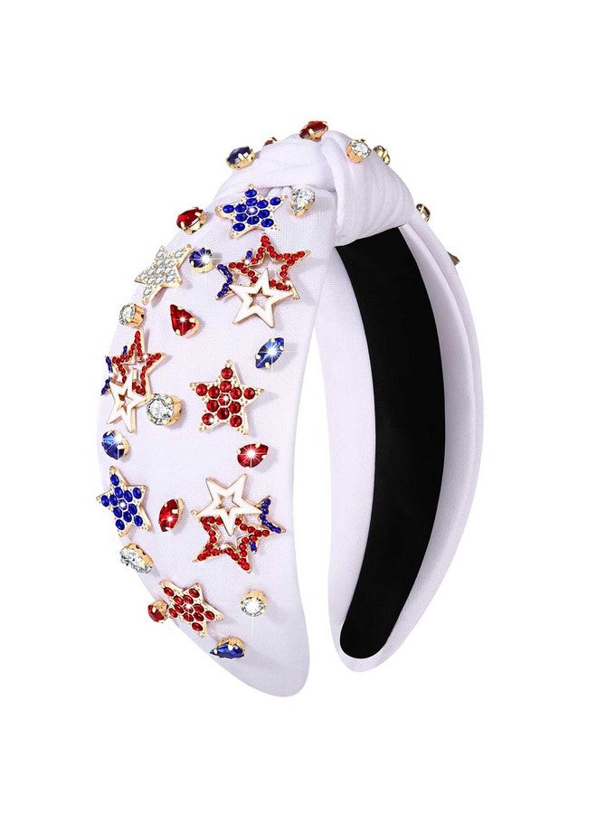 سيالكسهيني عصابة رأس الرابع من يوليو للنساء، عصابة رأس مزينة بعقدة الولايات المتحدة الأمريكية، حبات لؤلؤ من أحجار الراين، إكسسوارات شعر وطنية بعلم الولايات المتحدة، هدايا العيد (نجمة C- أبيض، أبيض، أزرق، أحمر) - Image 1