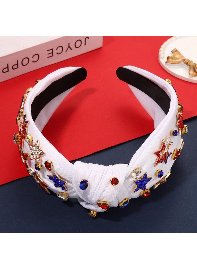 سيالكسهيني عصابة رأس الرابع من يوليو للنساء، عصابة رأس مزينة بعقدة الولايات المتحدة الأمريكية، حبات لؤلؤ من أحجار الراين، إكسسوارات شعر وطنية بعلم الولايات المتحدة، هدايا العيد (نجمة C- أبيض، أبيض، أزرق، أحمر) - Image 5