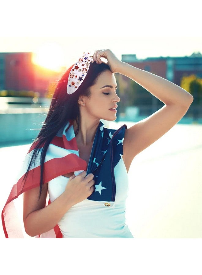 سيالكسهيني عصابة رأس الرابع من يوليو للنساء، عصابة رأس مزينة بعقدة الولايات المتحدة الأمريكية، حبات لؤلؤ من أحجار الراين، إكسسوارات شعر وطنية بعلم الولايات المتحدة، هدايا العيد (نجمة C- أبيض، أبيض، أزرق، أحمر) - Image 2