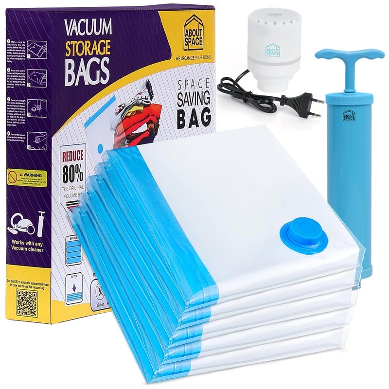 ABOUT SPACE 5 Large Vacuum Bags for Travel with Electric Pump and Hand Pump Airtight Polyethylene Reusable Space Saver Compression Storage Bags for Packing Vaccine Sealer Bags for Blanket Blue - Image 1