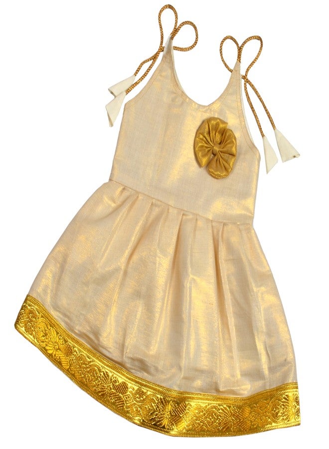 Sathiyas Baby Girls Kerala Onam Tissue Cotton A-Line Knee-Length Dress (0-3 Months, Smalljari) Traditional Embroidered South Indian Western Frock Princess Birthday Dress for Girls - Image 1