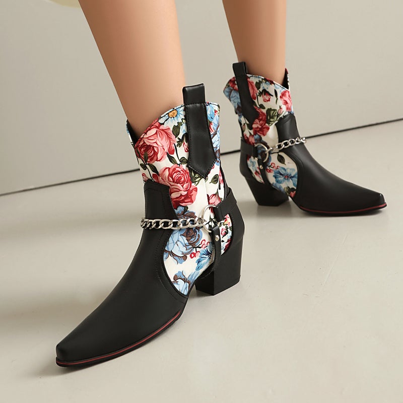 2024 Western Boots Printed Stitching Chain Belt Buckle 40-48 Coarse Heel High Heel Back Zipper And Ankle Boots Short Tube - Image 5