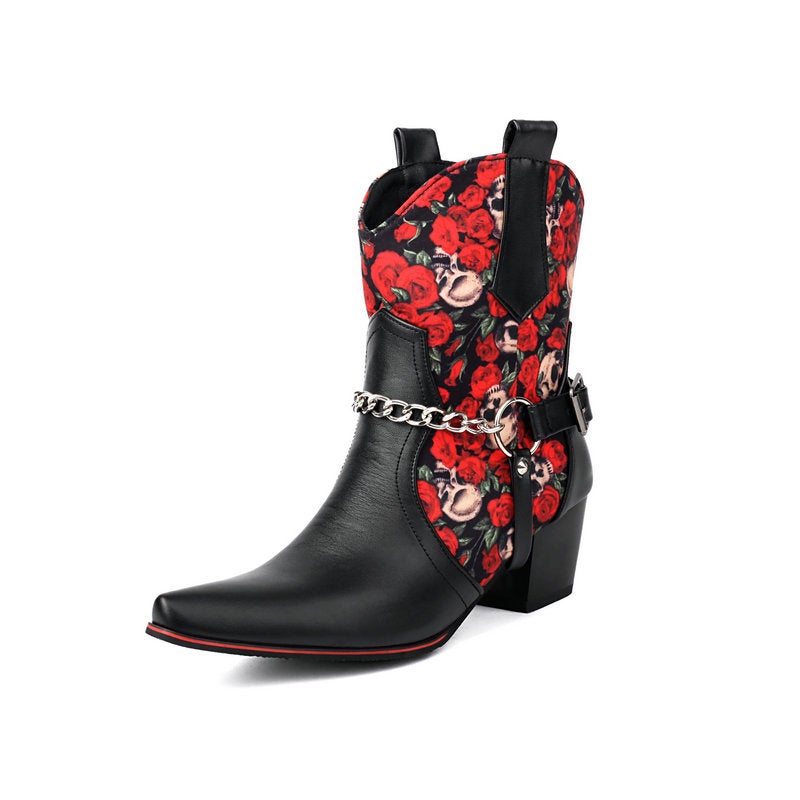 2024 Western Boots Printed Stitching Chain Belt Buckle 40-48 Coarse Heel High Heel Back Zipper And Ankle Boots Short Tube - Image 1