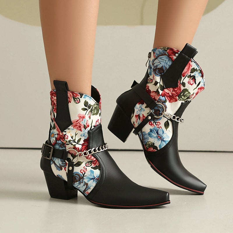 2024 Western Boots Printed Stitching Chain Belt Buckle 40-48 Coarse Heel High Heel Back Zipper And Ankle Boots Short Tube - Image 2