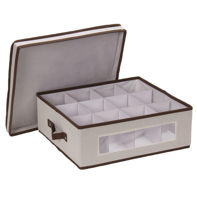 538 VISION CHINA STORAGE BOX FOR TEA CUPS AND MUGS WITH LID AND HANDLES NATURAL CANVAS WITH BROWN TRIM