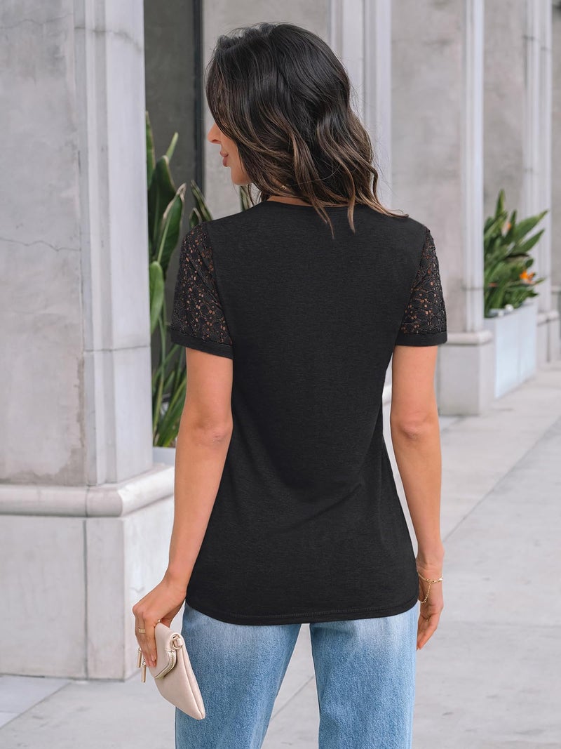 AUTOMET Short Sleeve Shirts for Women Summer Tops 2026 Spring Fashion Dressy Casual Outfits Lace Trendy Top Cute Work T Shirt Business Vacation Clothes Blouses Black XL - Image 4