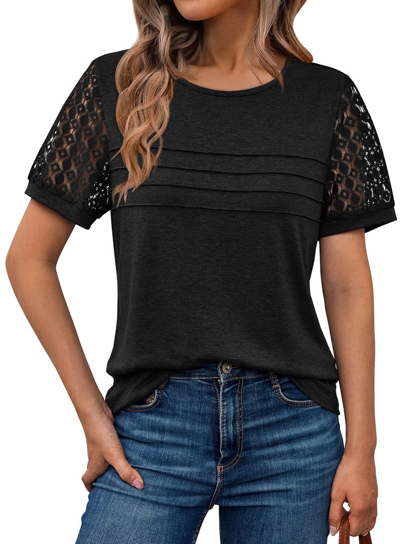 AUTOMET Short Sleeve Shirts for Women Summer Tops 2026 Spring Fashion Dressy Casual Outfits Lace Trendy Top Cute Work T Shirt Business Vacation Clothes Blouses Black XL - Image 1