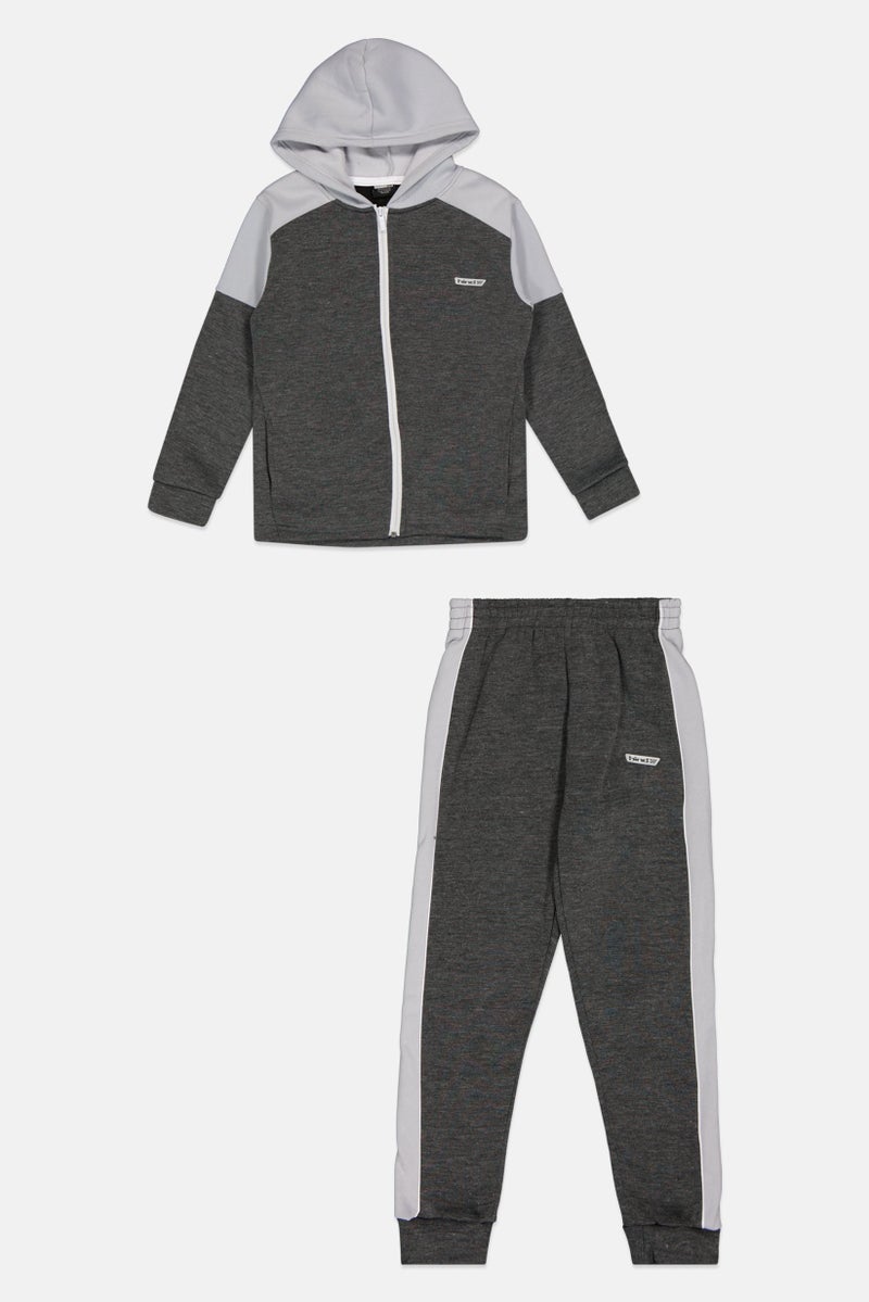 HIND Kids Boy 2 Pcs Brand Logo Sweatshirt And Sweatpants Set, Charcoal Heather - Image 1