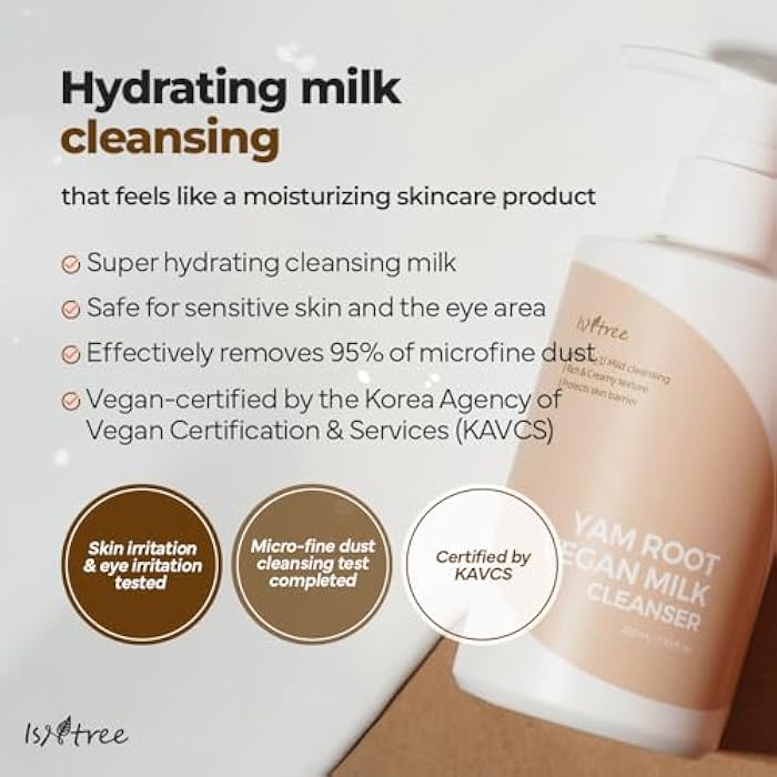 IsNtree Yam Root Vegan Milk Cleanser 220ml, 7.43 fl.oz | Korean Facial Cleanser for Sensitive Skin | Rich & Creamy Texture | Hydrating & Mild | Vegan & Cruelty-Free Skincare - Image 4