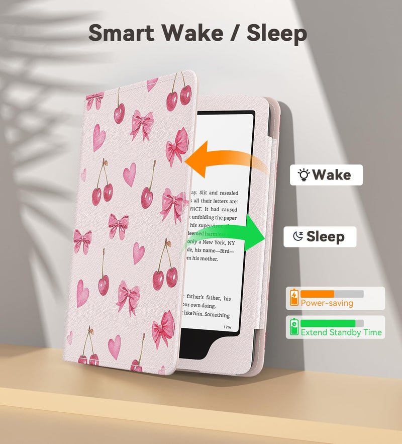 MoKo Case for eBook Reader, Slim PU Shell Cover Case with Auto-Wake/Sleep for E-Reader, Not fit Kobo Aura 2/Remarkable, Cherry Bow - Image 5