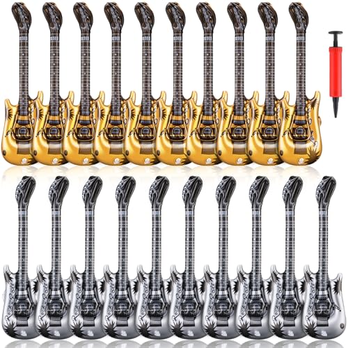 LaRandom 20 Pcs Inflatable Guitars 35 Inch Blow up Guitar with Inflator Gold and Silver Rock Instrument for Kids Birthday Rock and Roll Party Decorations Photo Booth Props - Image 1