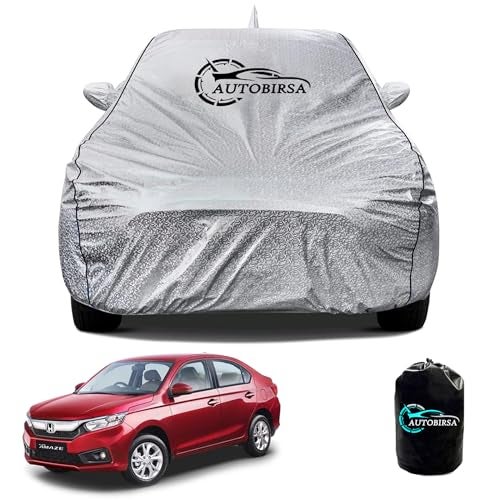 AUTOBIRSA Waterproof Car Body Cover for Honda Amaze with Mirror and Antenna Pocket and Soft Cotton Lining (4 Side Elastic Triple Stitched & Metallic Silver with Black Piping Style) - Image 1