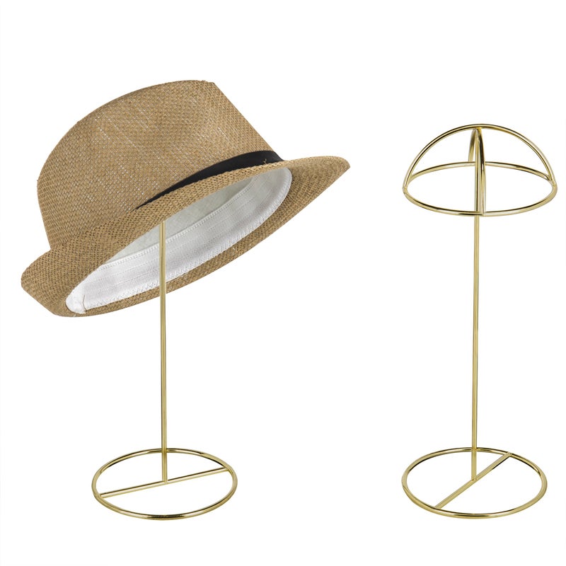 MyGift Set of 2 Brass Tone Metal Wire Table Standing Hat Racks with Round Dome Holder, 14 Inch Tall Tabletop Wig Display Cap Storage Stands Home Retail DÃ©cor - Image 1