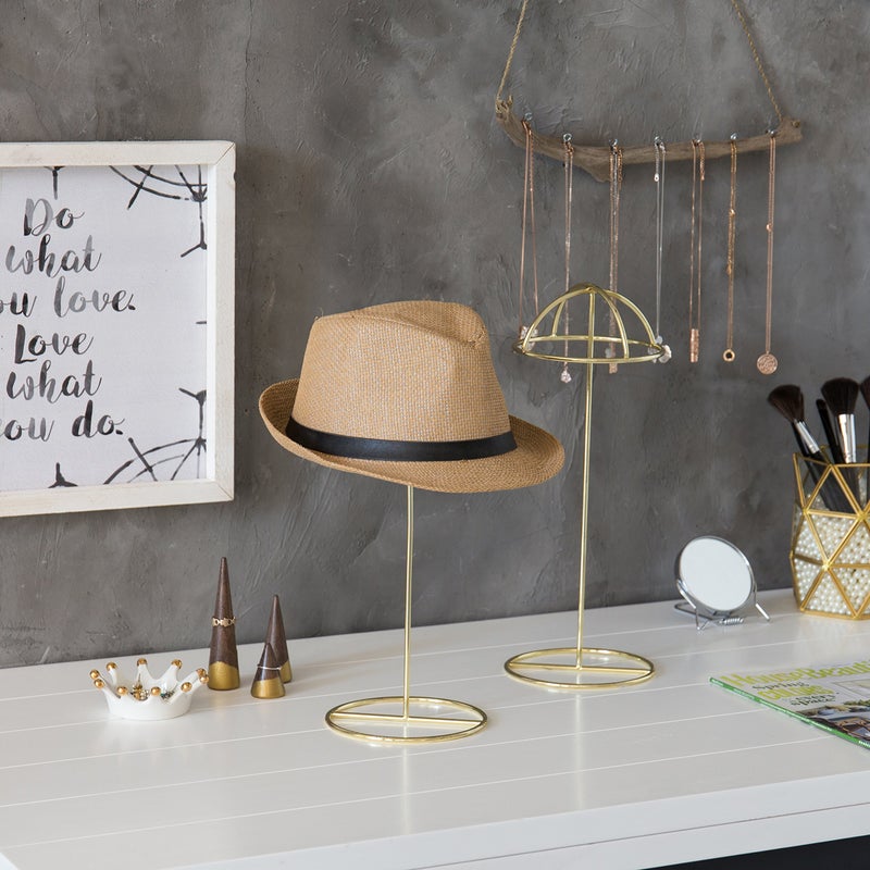 MyGift Set of 2 Brass Tone Metal Wire Table Standing Hat Racks with Round Dome Holder, 14 Inch Tall Tabletop Wig Display Cap Storage Stands Home Retail DÃ©cor - Image 2