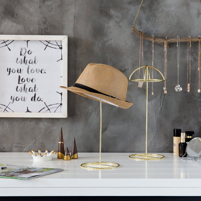 MyGift Set of 2 Brass Tone Metal Wire Table Standing Hat Racks with Round Dome Holder, 14 Inch Tall Tabletop Wig Display Cap Storage Stands Home Retail DÃ©cor - Image 3