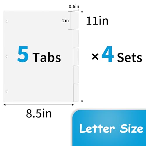 Coidea Binder Dividers for 3 Ring Binder, 1/5 Cut Tabs, Letter Size, Blank Write On Page Dividers with 5 Big Tabs for School Office Home, 4 Sets, 20 Dividers, White - Image 2