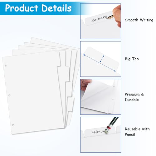 Coidea Binder Dividers for 3 Ring Binder, 1/5 Cut Tabs, Letter Size, Blank Write On Page Dividers with 5 Big Tabs for School Office Home, 4 Sets, 20 Dividers, White - Image 3